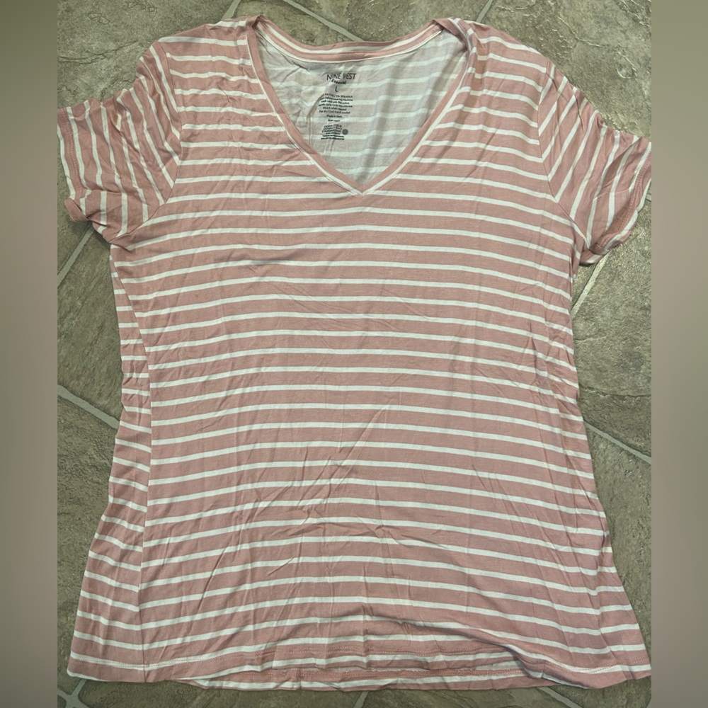 Nine West Pink and White Striped V-Neck Short Sleeve Top
